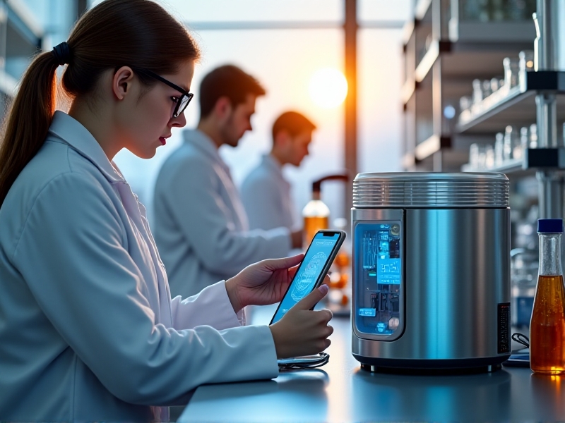 A smartphone-controlled cryo device in a modern laboratory setting, surrounded by various scientific equipment and glassware. The device is connected to a smartphone displaying a temperature control app, with researchers in lab coats working in the background. The scene is illuminated by bright, natural light, emphasizing the device's role in scientific research.