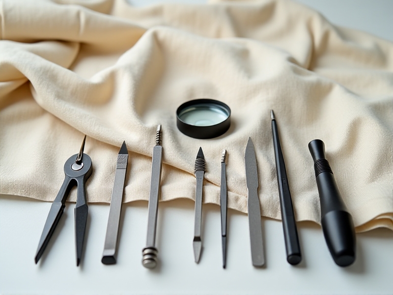 A neatly organized set of typewriter repair tools, including screwdrivers, pliers, tweezers, and a magnifying glass, arranged on a clean workspace. The tools are displayed against a soft cloth, emphasizing the precision required for the task.