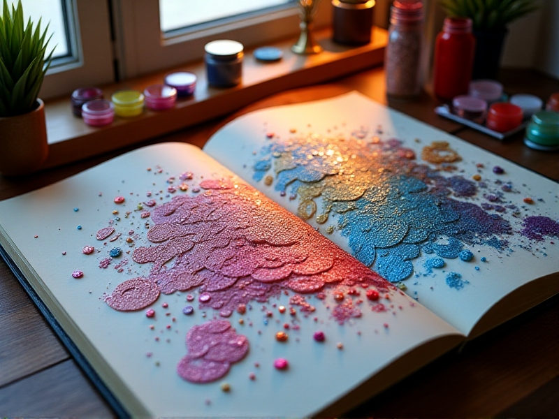A sketchbook open to a page filled with colorful keycap designs, alongside small containers of glitter and pigments. The image captures the creative process, with soft daylight illuminating the workspace and highlighting the vibrant potential of the designs.