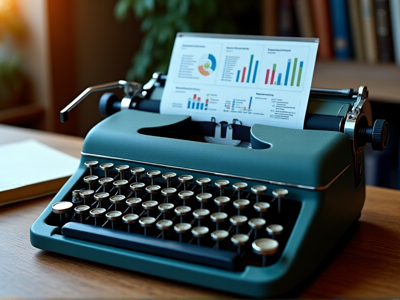 A close-up of a CRM software interface highlighting key features such as client history tracking, task management, and reporting analytics. The screen is filled with graphs, charts, and task lists, showcasing the tool's ability to organize and analyze data. The background features a typewriter and a notebook, emphasizing the tool's application in the typewriter service industry.