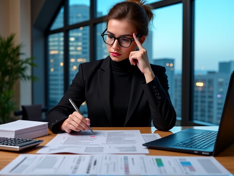 A professional accountant reviewing financial documents with a calculator and a laptop, surrounded by tax forms and wellness program brochures, in a well-lit office setting.