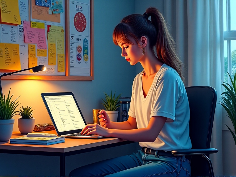 A digital marketer working on a laptop, surrounded by various content creation tools such as notebooks, a smartphone, and a cup of coffee. The workspace is organized and creative, with a focus on planning and strategy.