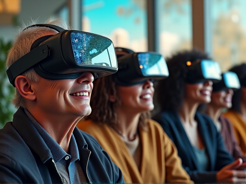 A diverse group of people wearing VR headsets, each immersed in their own virtual environment. The scene highlights the universal appeal of VR, with individuals of different ages and backgrounds enjoying personalized experiences.